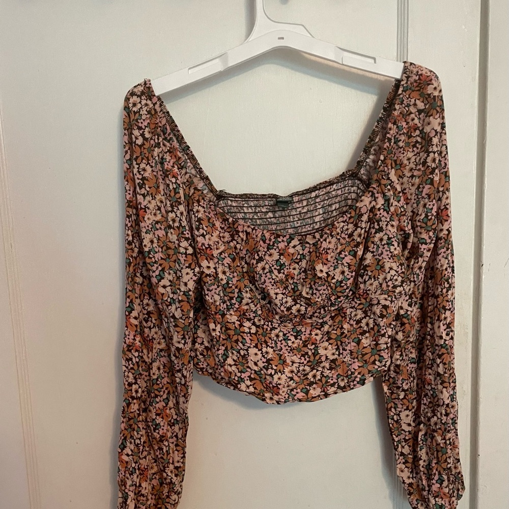 Wild Fable Brown and White Smocked Crop Blouse